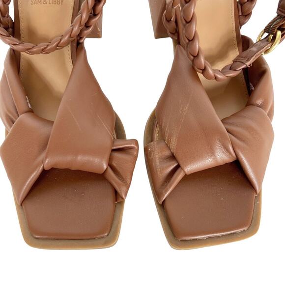 Sam & Libby Square Toe Heels Sandals Camel Brown Faux Leather‎ Braided Womens 9 - Picture 9 of 12